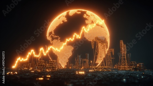 An electrifying visual metaphor showcases a glowing world, intertwined with a fluctuating line graph. ..Created with Generative AI, not depicting real subjects.