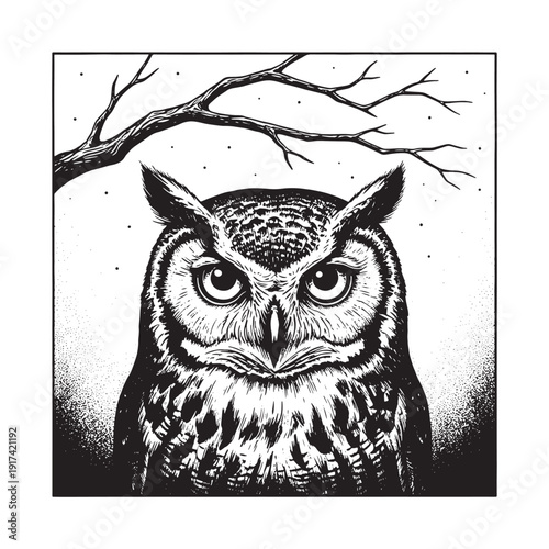 Owl head portrait laser engraving design, vintage woodcut engraving vector illustration, detailed hand drawn ink line art nocturnal bird with moonlit forest silhouette for CNC etching
