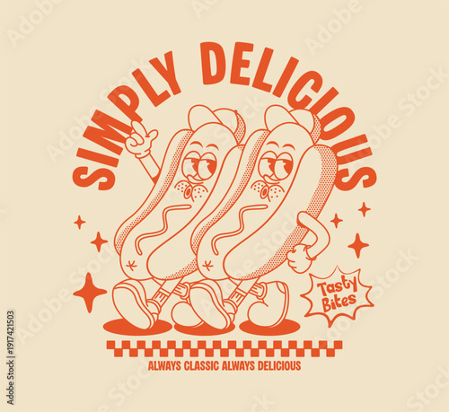 Vintage hot dog mascot illustration in cartoon style. Perfect for t shirt, sticker, streetwear, urban design, and food branding