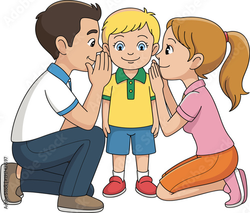 Happy parents whispering secrets to their young son vector illustration, cute family bonding and communication concept