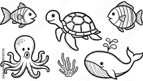 A set of cartoon sea creatures including a turtle, fish, octopus, and whale on a white background with black outlines.
