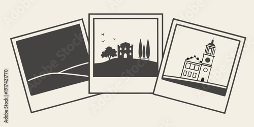 Three distinct black and white photographs showcasing various architectural structures.