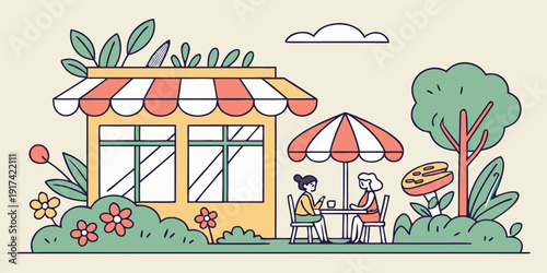 A vibrant and lively scene of a small town with colorful buildings and cheerful people