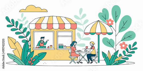 A vibrant outdoor market with diverse people and colorful stalls under umbrellas