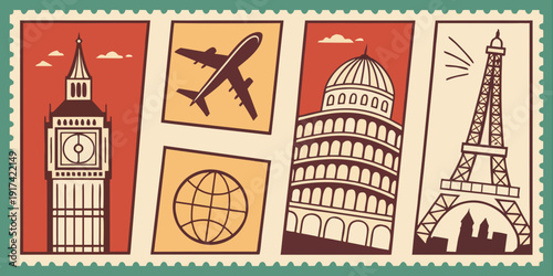 Vintage postcards featuring iconic landmarks and cultural symbols from around the world