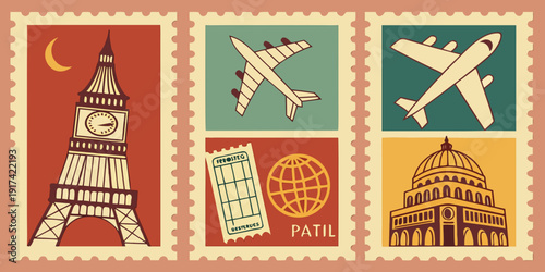 A collection of vintage travel stickers featuring iconic landmarks and destinations from around the world