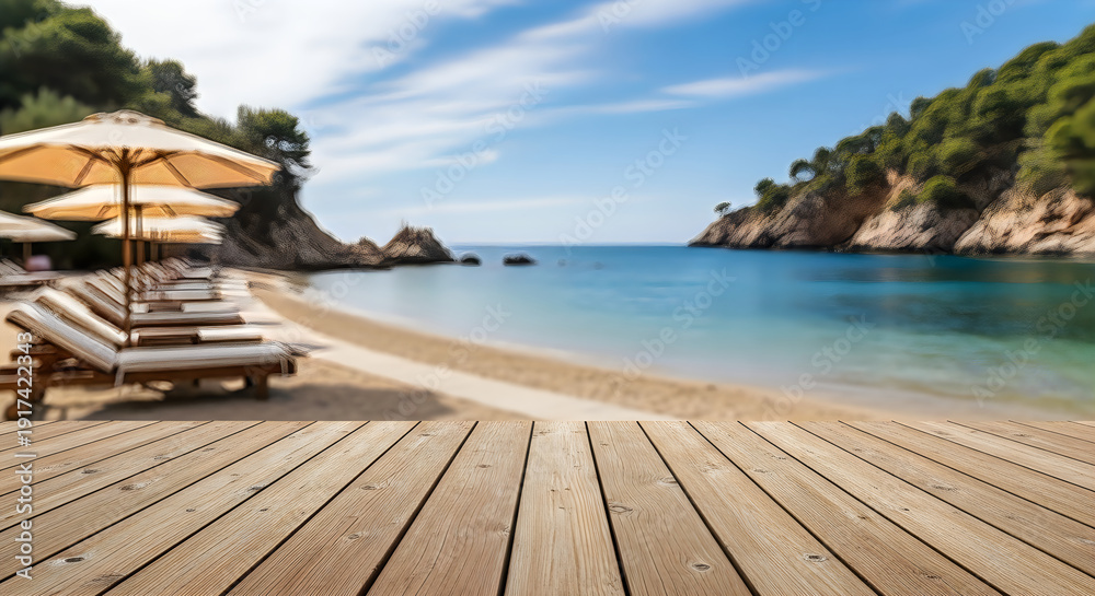 Fototapeta premium A serene beach scene with lounge chairs and umbrellas