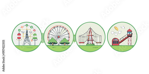 Four circular icons representing different aspects of community life and services.