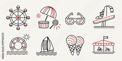 A delightful assortment of summer-themed icons showcasing various activities and items.