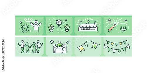 Illustrations of people engaged in various activities and celebrations