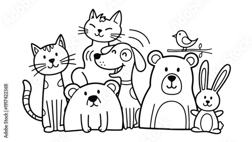 A colorful set cartoon of animals including a cat, dog, bear, rabbit, and bird, depicted in a playful line drawing style against a clean white background with a lively and cheerful mood.