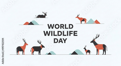 World wildlife day poster with deer and mountains conservation theme eco awareness