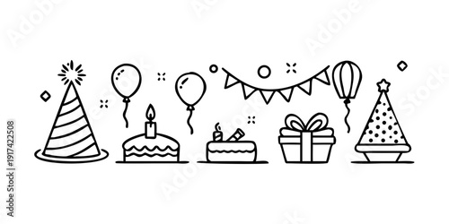 Celebration scene with cakes, hats, balloons, and gifts for a festive occasion