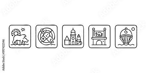 Five icons representing various activities and interests.