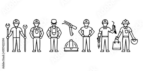 Diverse group of construction workers with various tools and equipment