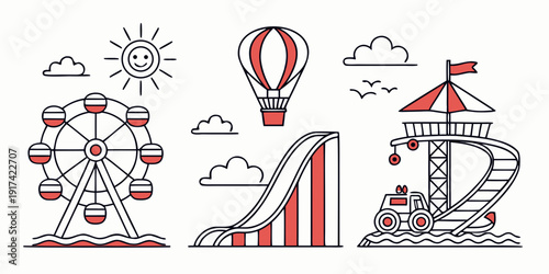 A whimsical illustration of amusement park rides and hot air balloons under a sunny sky