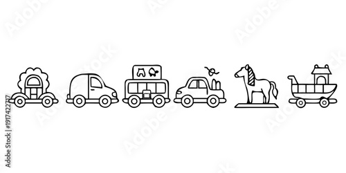A diverse collection of vehicles and toys, including a horse, displayed in a row.