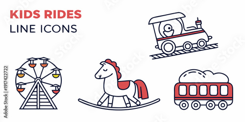 A collection of colorful and engaging line icons representing various kids rides.