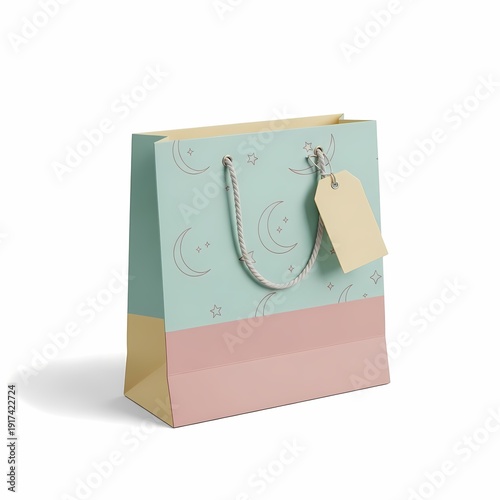 Pastel Gift Bag With Twisted Rope Handle And Blank Tag Isolated On White Background