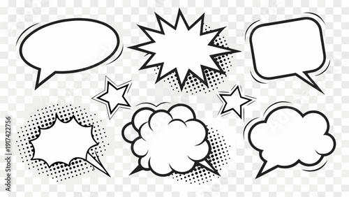 A collection of speech bubbles and thought bubbles in various shapes and sizes