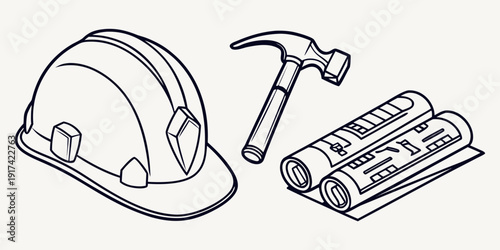 Construction tools including a helmet, hammer, and blueprints