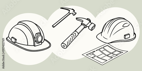 Construction tools and safety equipment laid out on a blueprint