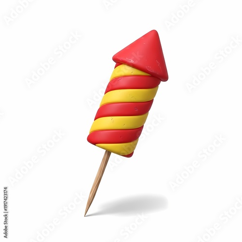 Red and Yellow Striped Rocket Firework on White Background Illuminated by Studio Lighting