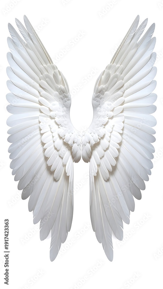 Fototapeta premium Two elegant, soft, white feathered wings symmetrically displayed against a clean, bright white background