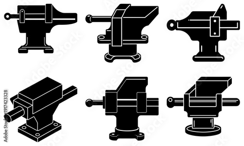 Set of industrial metalworking vices in various positions