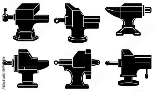 Various black metal vices in different angles and positions