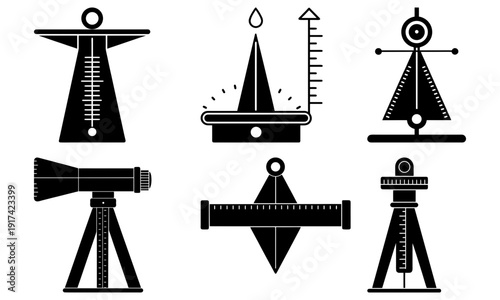 Professional surveying equipment icons set for engineering projects