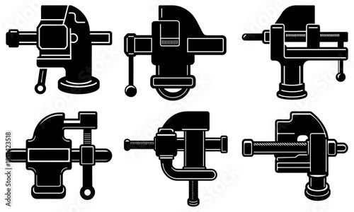 Set of six different metal vices in various orientations