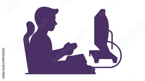 A person sits at a computer and plays a video game.