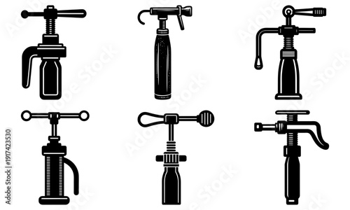 Six different manual pumps in black silhouette on white background