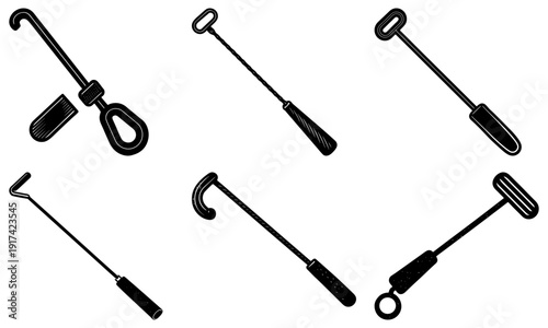 Set of diverse metal hooks and tools for hanging and lifting