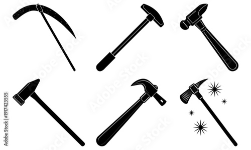 Set of six blacksmith hammers and tools for metalwork
