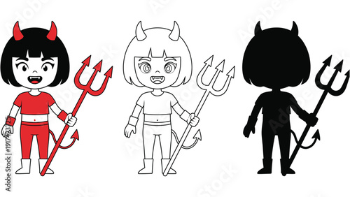 Three cartoon devil characters are shown in different styles: colored, outline, and silhouette.