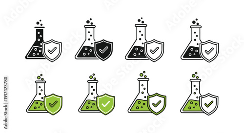 Set of science laboratory flask icons depicting chemical protection and quality assurance concepts