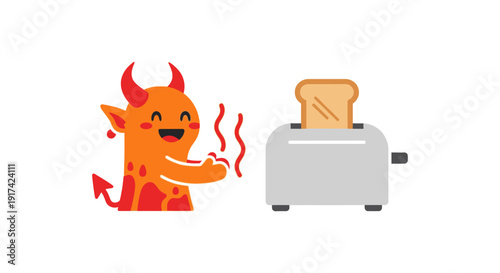 Cartoon devil toasting bread hot.