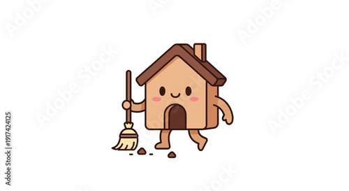 Cartoon House Character with Broom Cleaning.