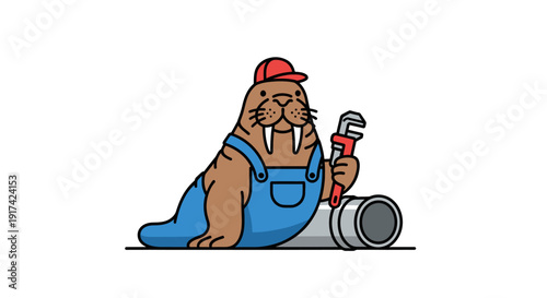 Cartoon walrus wearing overalls holding wrench.