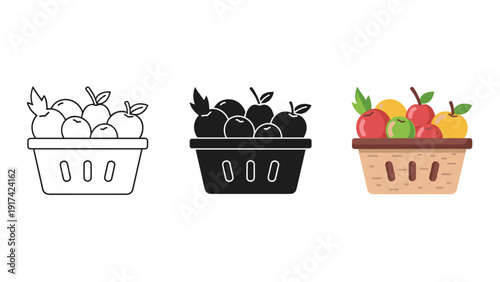 Three baskets of fruit in different colors and styles Vector