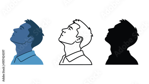 Three stylized depictions of a man's head and shoulders looking upwards.