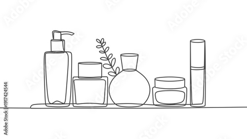 A line drawing of various cosmetic bottles and jars arranged on a shelf.