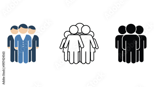 Three different icon styles depict a group of people standing together.