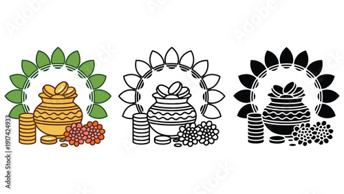 A golden pot overflowing with coins and flowers, symbolizing prosperity.