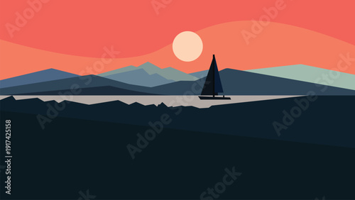 Sailboat glides across serene lake at dusk with majestic mountains in the background