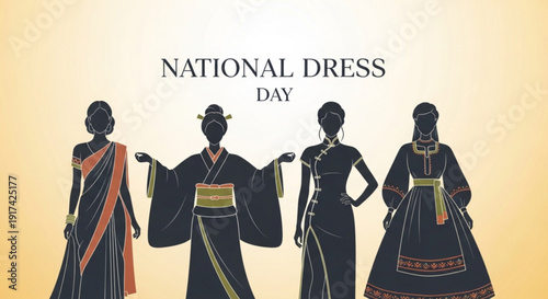 Four women in traditional national dresses from around the world on national dress day