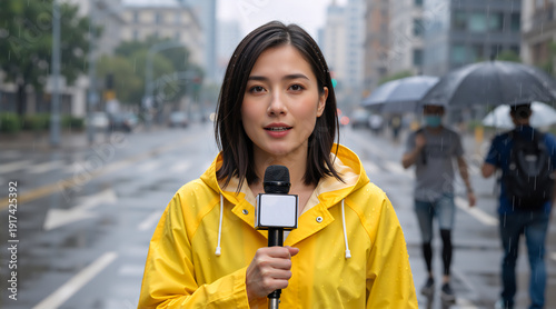 Female news reporter in yellow raincoat holding microphone on rainy city street. Journalist broadcasting live with copy space