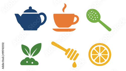Tea icon set with cup, teapot, honey and citrus illustrations